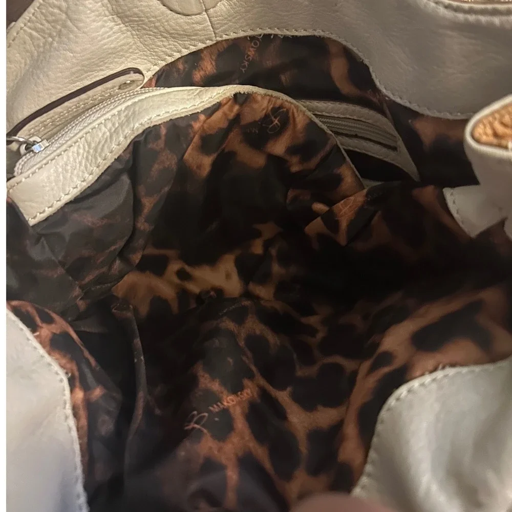 B. Makowsky Leather Hobo Bag Metallic Gold Cream Tan Colorblock Shoulder Bag